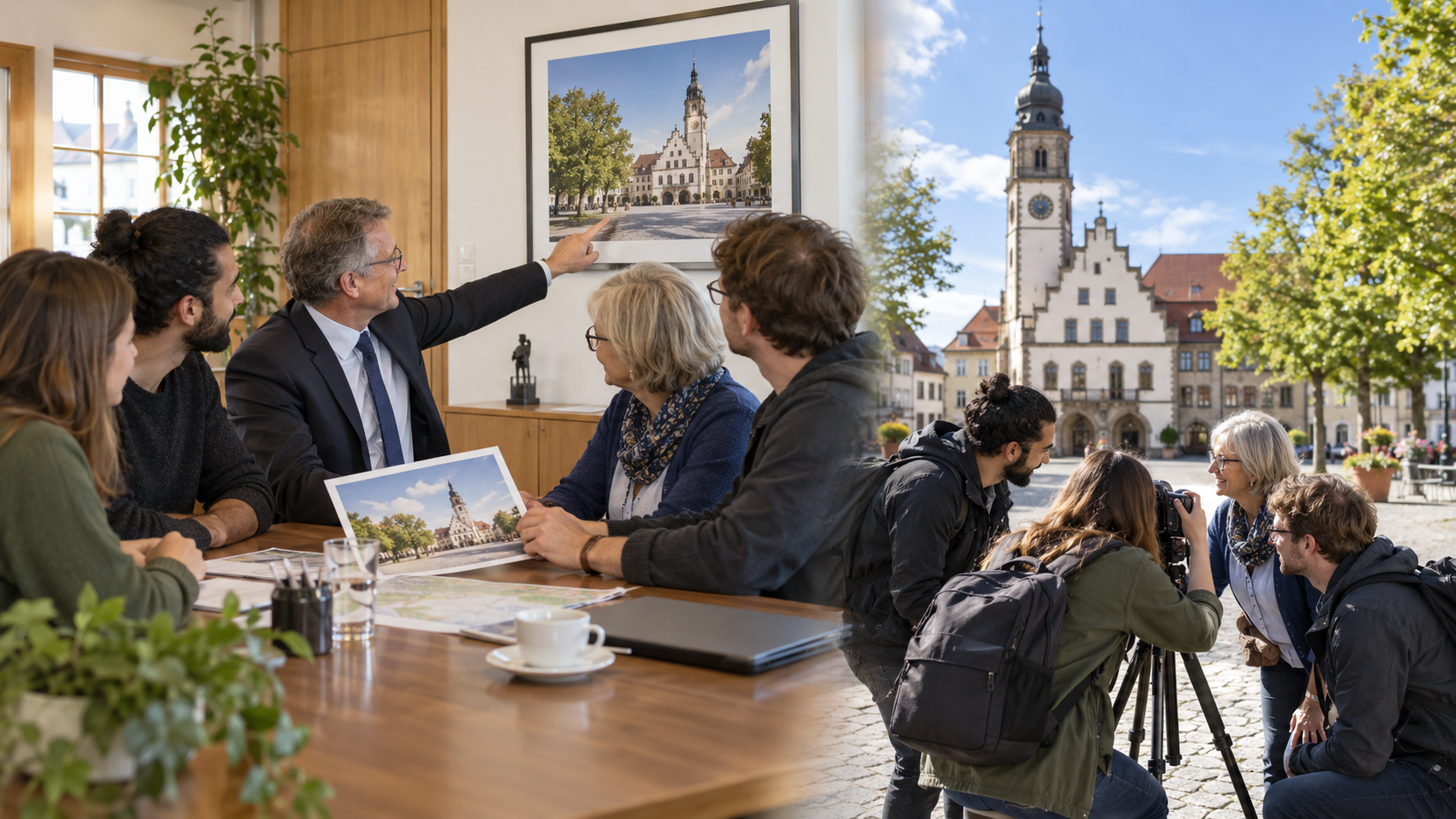 Lokale Einheit bespricht das Wahrzeichen mit dem Bürgermeister und fotografiert es