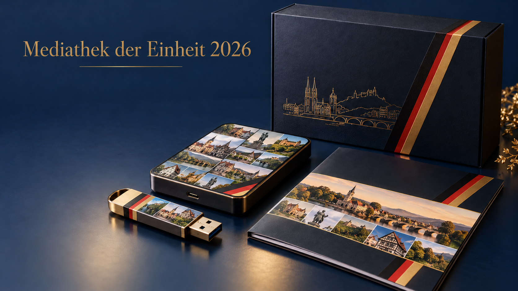 Präsentationsbox mit USB-Stick, Speicher und Medienmappe für die Mediathek der Einheit 2026